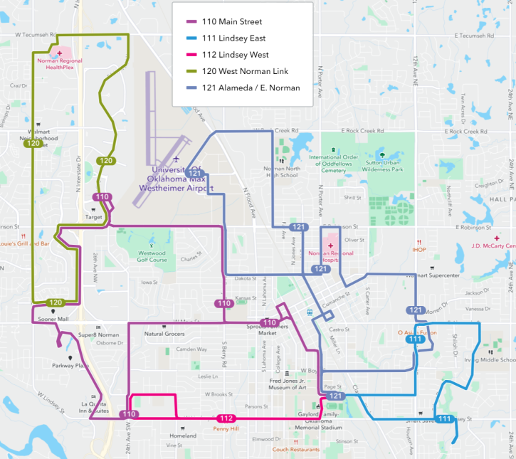 overview map of current transit bus route network with each route lined in a different color