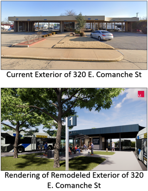 Comparison of Existing exterior and rendered remodeled exterior of the new Transit Center at 320 E Comanche St. 