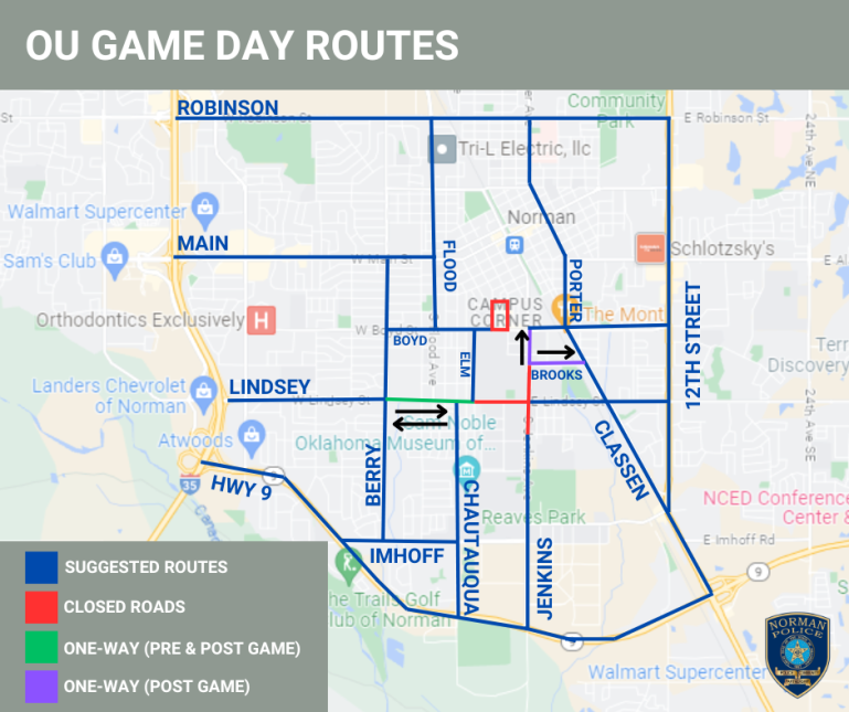 Map of suggested traffic routes and road closures for OU Home Football Games