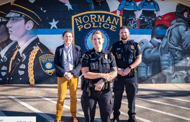 Police officers in front of mural