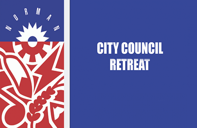 The City Logo and a blue field with white letters that say City Council Retreat