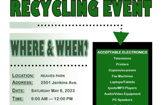 E-waste at Reaves Park, May 6, 2023 from 9 AM to Noon