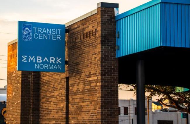 view of the new Transit Center sign on the east side of the building