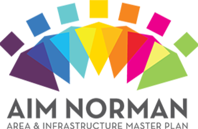Area and Infrastructure Master Plan logo with seven colored figures representing the seven parts of the project scope.